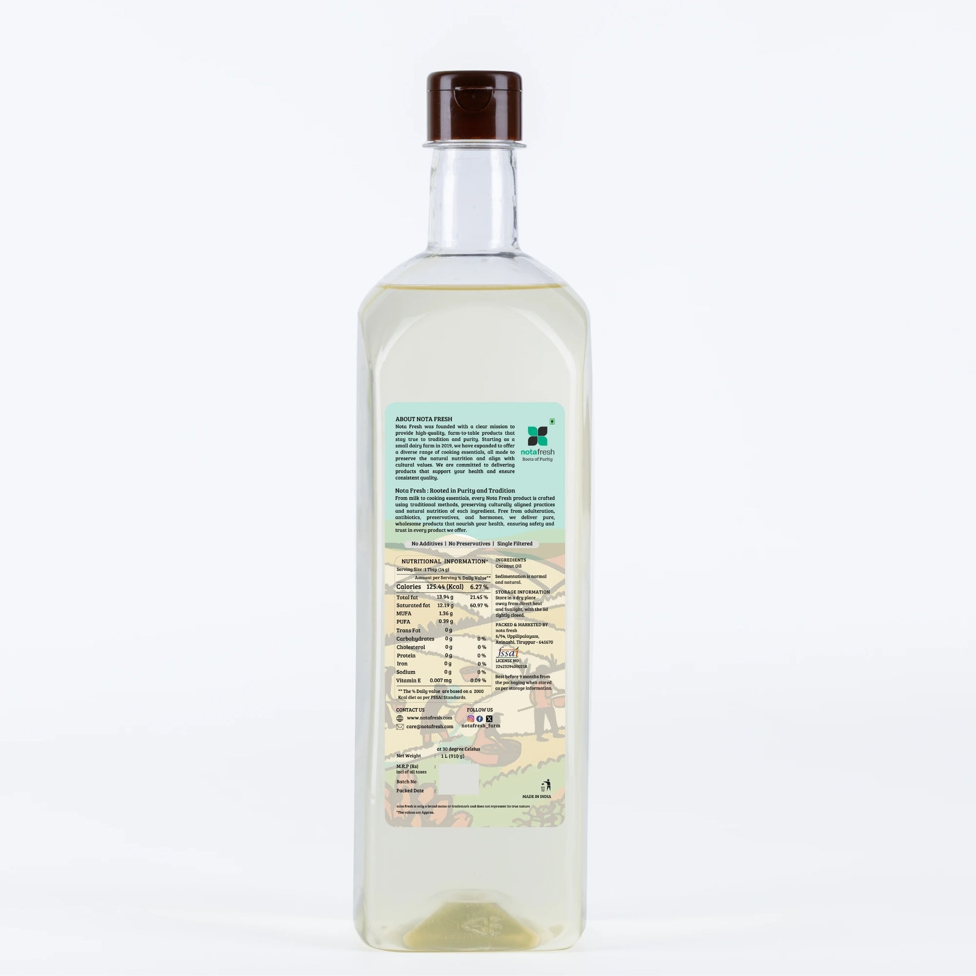 Nota fresh Wood-pressed coconut oil for South Indian cooking, baby care, and skin nourishment, rich in Lauric acid and free from adulteration