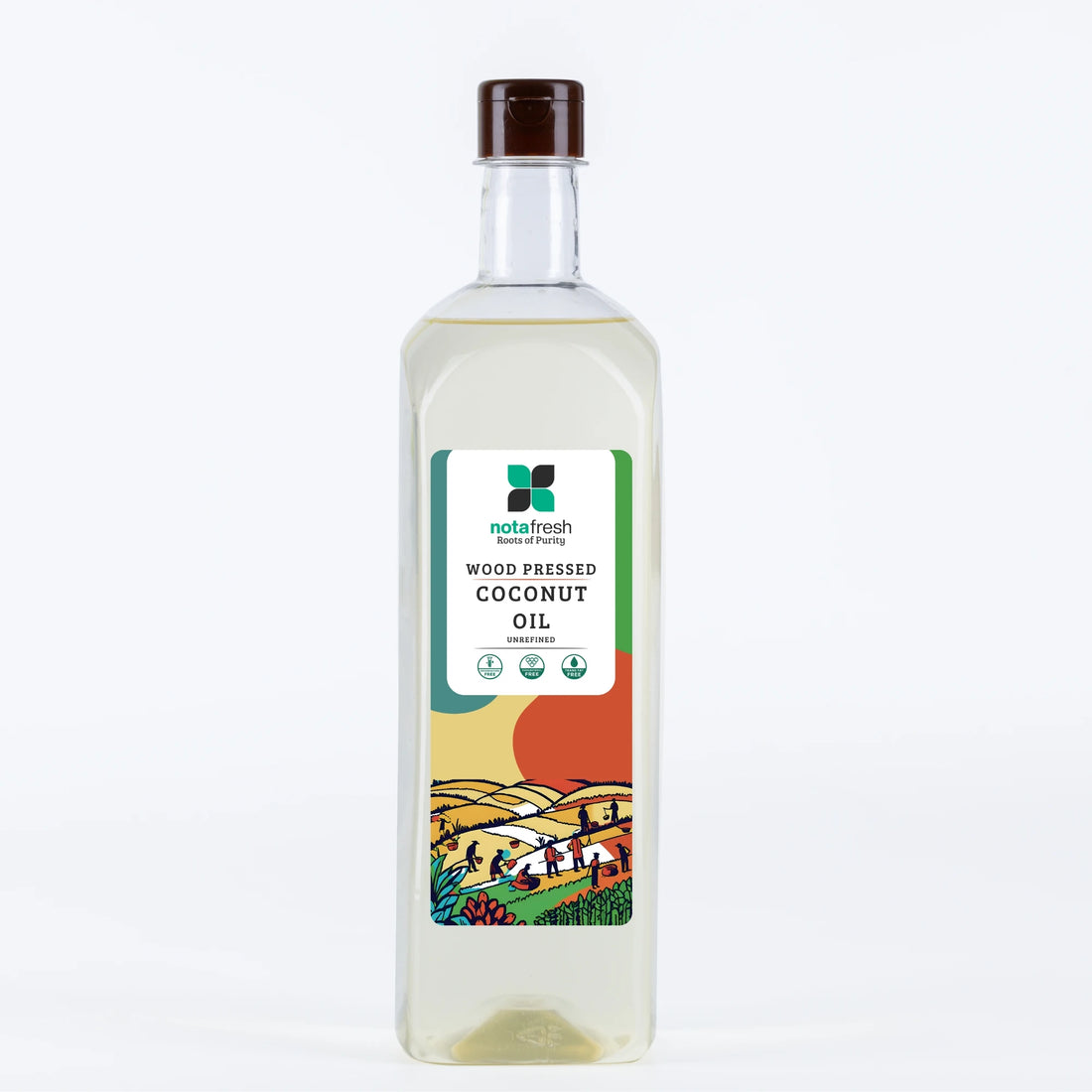 Wood-pressed coconut oil for cooking, baby care, and nourishing skin, rich in Lauric acid and free from adulteration.